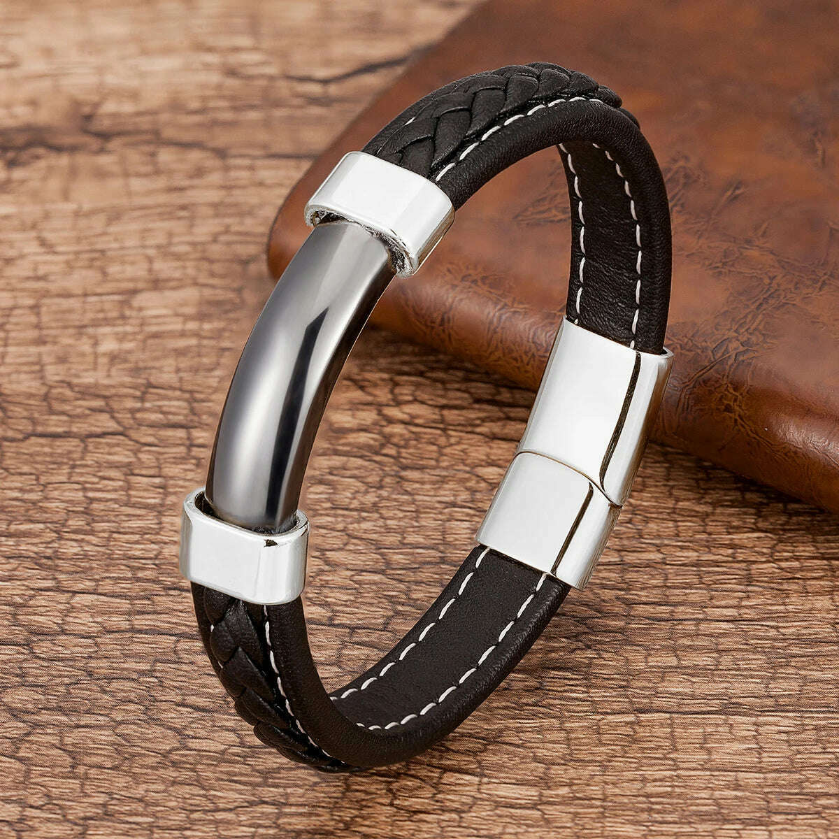 100% Natural Stone Mens Bracelet 2021 Luxury Black Genuine Leather Rope Chain Stainless Steel Magnet Clasp Male Jewelry - KIMLUD