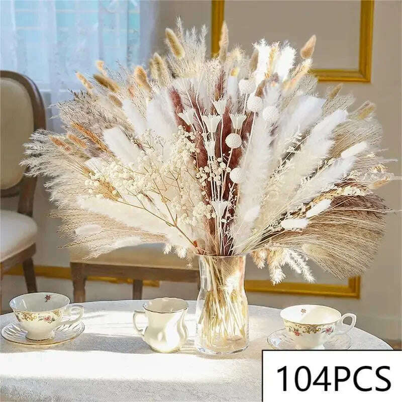 KIMLUD, 105pcs Natural Dried Flowers Pampas Floral Bouquet Boho Country Home Decoration Rabbit Tail Grass Reed Wedding Decor Arrangement, F, KIMLUD Womens Clothes