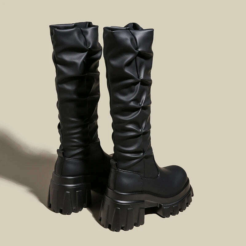 10CM Heels Pleated Leather Knee High Boots Women Fashion 2023 Winter Autumn Warm Plush Thick Sole Sneakers Motorcycle Long Boots - KIMLUD
