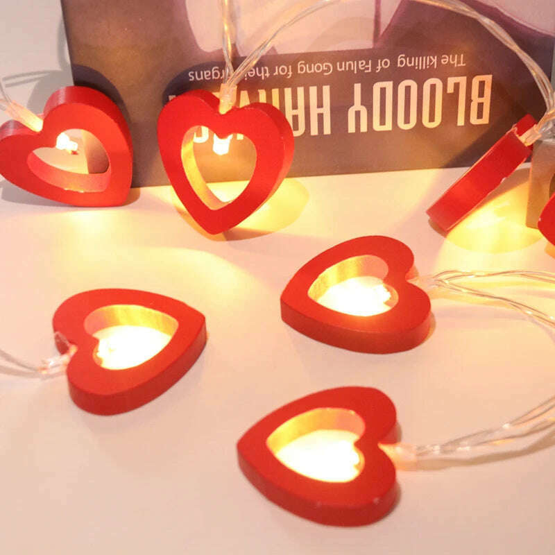 KIMLUD, 10pcs Valentine's Day Wooden Heart String Lights Fairy Light Hanging Lamp Valentines Wedding Birthday party room Decoration, KIMLUD Womens Clothes