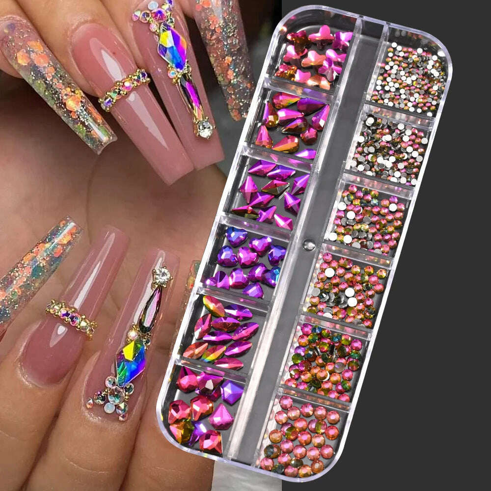 12Grids Pink Mixed Nail Rhinestones Luxury Nail Charms Glitter Crystal Jewelry Gems Nail Art Decoration Manicure Rhinestones R#Q - KIMLUD