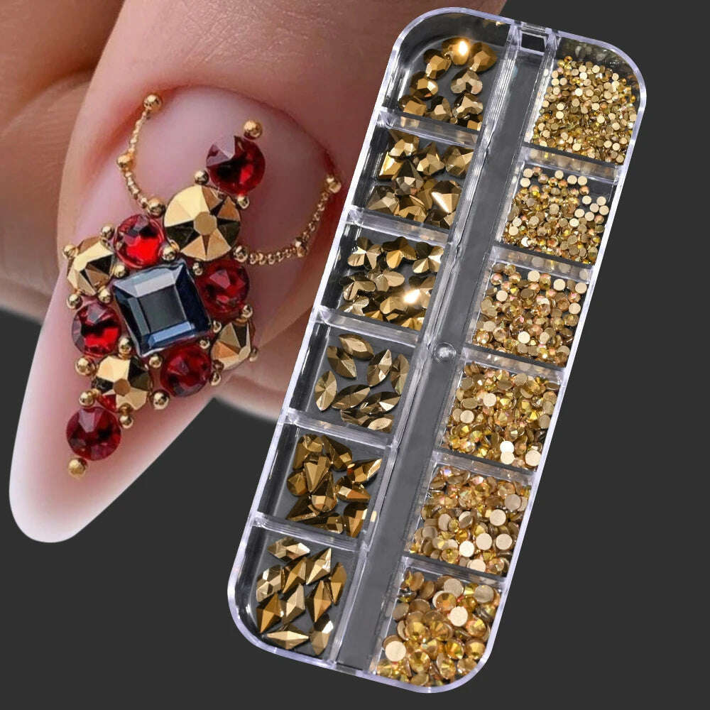 12Grids Pink Mixed Nail Rhinestones Luxury Nail Charms Glitter Crystal Jewelry Gems Nail Art Decoration Manicure Rhinestones R#Q - KIMLUD