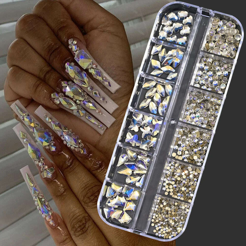 12Grids Pink Mixed Nail Rhinestones Luxury Nail Charms Glitter Crystal Jewelry Gems Nail Art Decoration Manicure Rhinestones R#Q - KIMLUD
