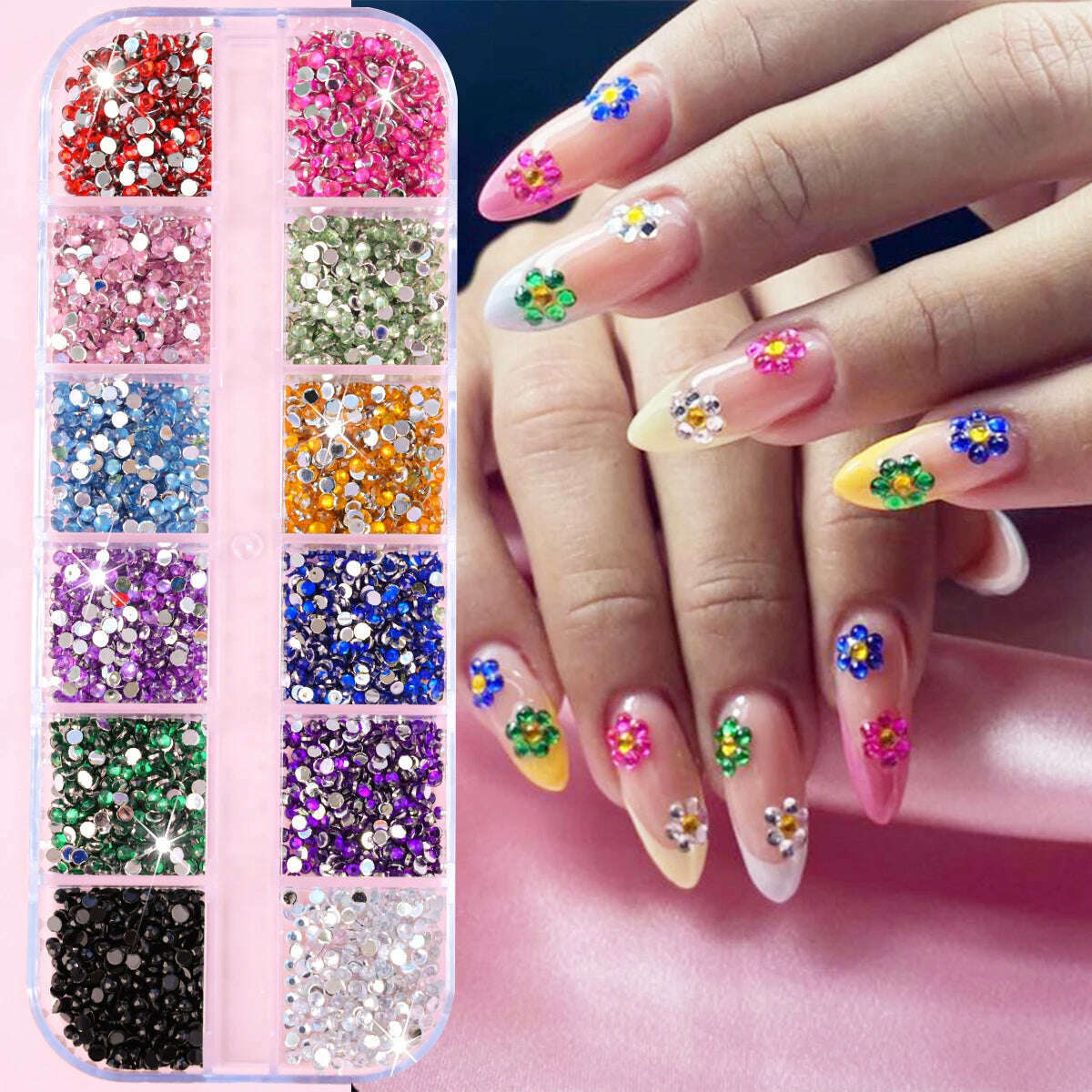 12Grids Pink Mixed Nail Rhinestones Luxury Nail Charms Glitter Crystal Jewelry Gems Nail Art Decoration Manicure Rhinestones R#Q - KIMLUD