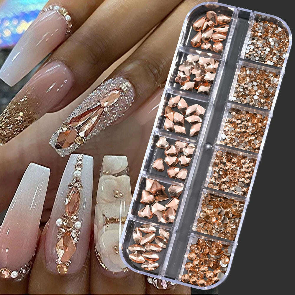 12Grids Pink Mixed Nail Rhinestones Luxury Nail Charms Glitter Crystal Jewelry Gems Nail Art Decoration Manicure Rhinestones R#Q - KIMLUD