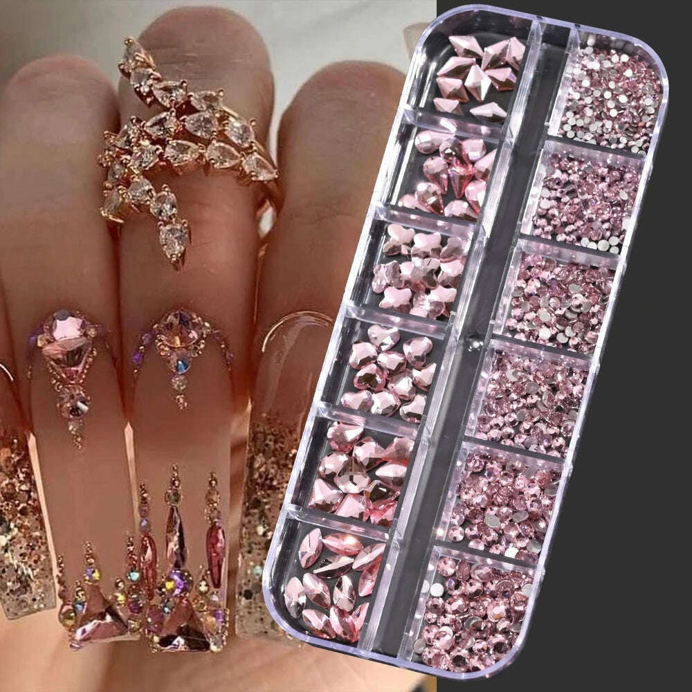 12Grids Pink Mixed Nail Rhinestones Luxury Nail Charms Glitter Crystal Jewelry Gems Nail Art Decoration Manicure Rhinestones R#Q - KIMLUD