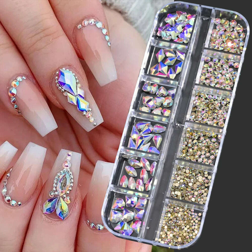 12Grids Pink Mixed Nail Rhinestones Luxury Nail Charms Glitter Crystal Jewelry Gems Nail Art Decoration Manicure Rhinestones R#Q - KIMLUD