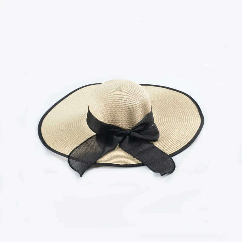 15CM Wide Brim Beach Straw Hats For Women Simple Foldable Summer Outing Sun Hat Fashion Flat Brom Bowknot Uv Protection Panama - KIMLUD