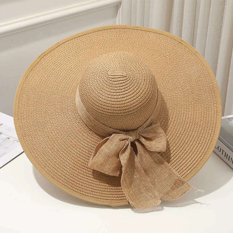 15CM Wide Brim Beach Straw Hats For Women Simple Foldable Summer Outing Sun Hat Fashion Flat Brom Bowknot Uv Protection Panama - KIMLUD