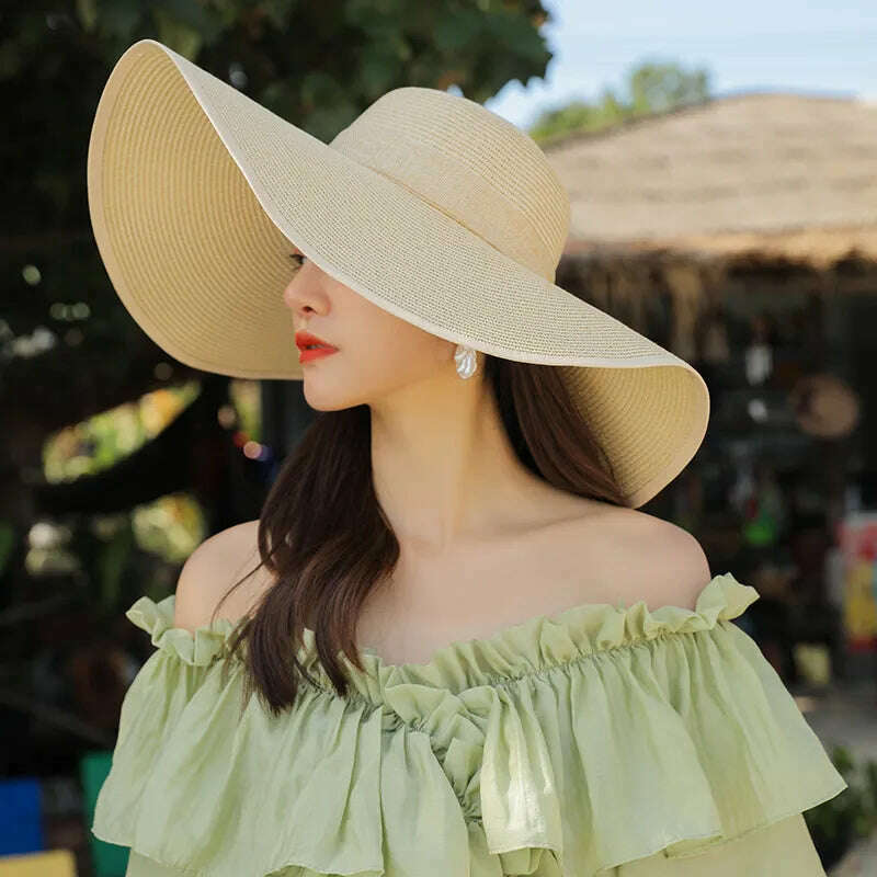 15CM Wide Brim Beach Straw Hats For Women Simple Foldable Summer Outing Sun Hat Fashion Flat Brom Bowknot Uv Protection Panama - KIMLUD
