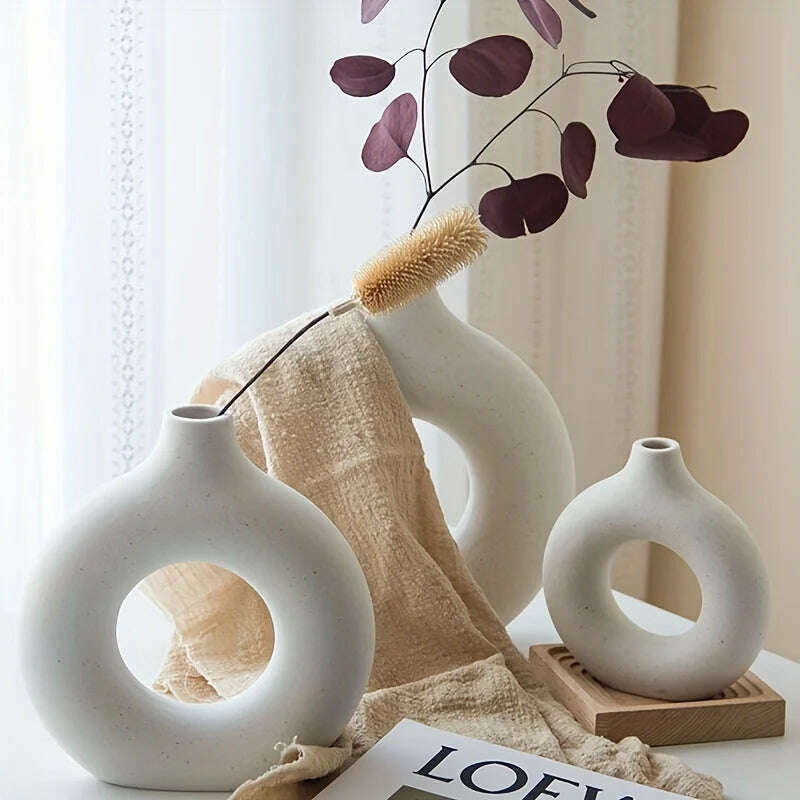 1pc, White/Beige Ceramic Vase Vases For Decor, Modern Home Decor Vase, Boho Vases For Decor, Circle Vase, Round Vase, Donut Vas - KIMLUD