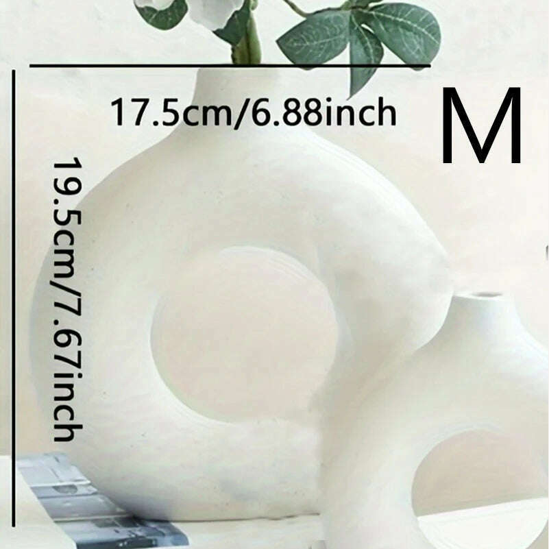 1pc, White/Beige Ceramic Vase Vases For Decor, Modern Home Decor Vase, Boho Vases For Decor, Circle Vase, Round Vase, Donut Vas - KIMLUD