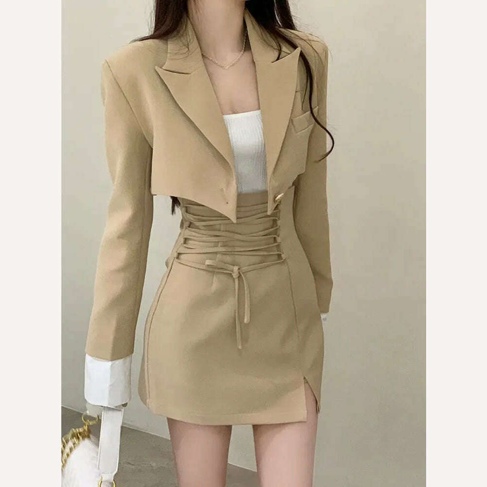 KIMLUD, 2 Piece Dress Set Women Casual Y2k Crop Tops Elegant Jacket Coats + Mini Skirts Korean Fashion Suits 2022 Autumn Blazers Dress, Khaki / S, KIMLUD Womens Clothes