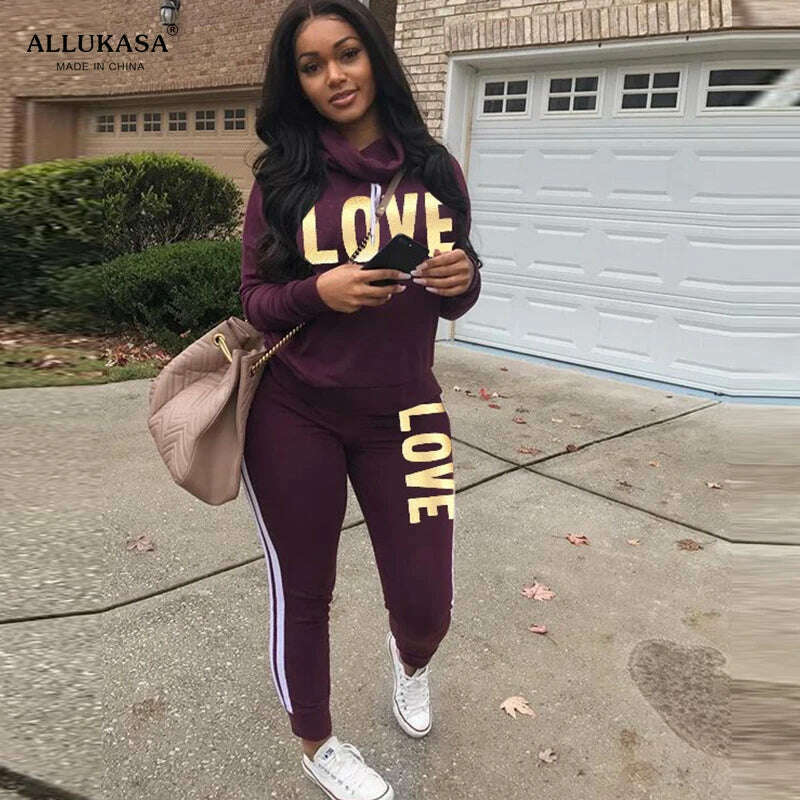 2 Piece Set Women Outfit LOVE Letter Print High Neck Hoodies Sweatshirt Pants Tracksuit 2022 Plus Size Streetwear Casual Suit - KIMLUD