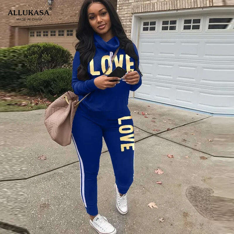 2 Piece Set Women Outfit LOVE Letter Print High Neck Hoodies Sweatshirt Pants Tracksuit 2022 Plus Size Streetwear Casual Suit - KIMLUD