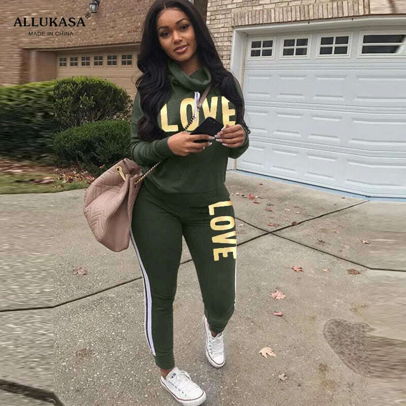 2 Piece Set Women Outfit LOVE Letter Print High Neck Hoodies Sweatshirt Pants Tracksuit 2022 Plus Size Streetwear Casual Suit - KIMLUD