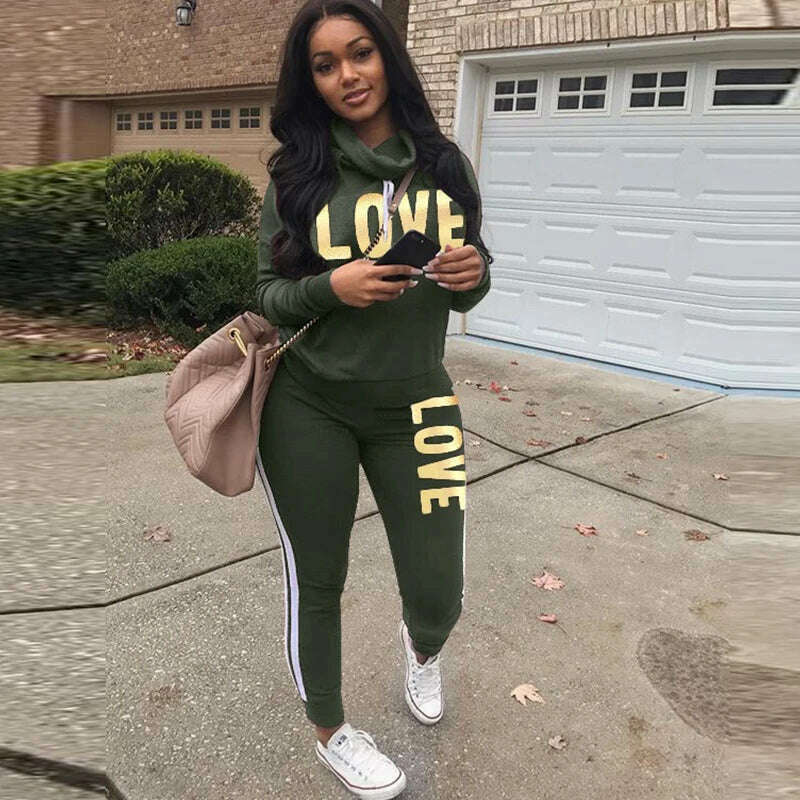 2 Piece Set Women Outfit LOVE Letter Print High Neck Hoodies Sweatshirt Pants Tracksuit 2022 Plus Size Streetwear Casual Suit - KIMLUD