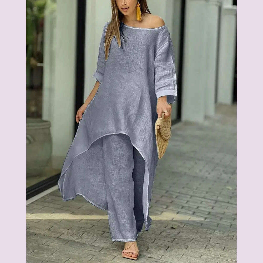 KIMLUD, 2 Piece Sets Women Solid Color Irregular Long Sleeved Tops Wide Leg Pants Two-piece Set Female Elegant Office Lady Outfit 2025, Dark Grey / XXXL, KIMLUD APPAREL - Womens Clothes