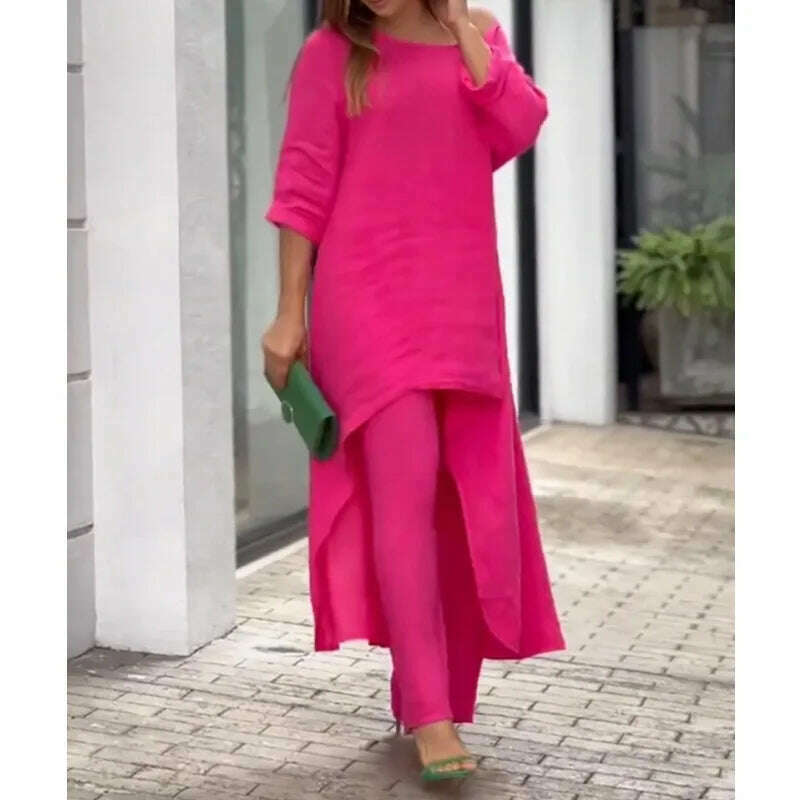 KIMLUD, 2 Piece Sets Women Solid Color Irregular Long Sleeved Tops Wide Leg Pants Two-piece Set Female Elegant Office Lady Outfit 2025, Rose Red / XL, KIMLUD APPAREL - Womens Clothes