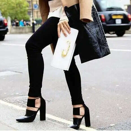 KIMLUD, 2017 Spring Fashion Black Smooth Leather Women Pointy Toe Pumps Thin Straps Cut Out Ladies Chunky Heel Shoes Rome Style Pumps, KIMLUD Womens Clothes