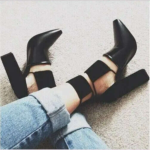 KIMLUD, 2017 Spring Fashion Black Smooth Leather Women Pointy Toe Pumps Thin Straps Cut Out Ladies Chunky Heel Shoes Rome Style Pumps, KIMLUD Womens Clothes