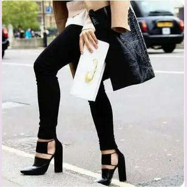 KIMLUD, 2017 Spring Fashion Black Smooth Leather Women Pointy Toe Pumps Thin Straps Cut Out Ladies Chunky Heel Shoes Rome Style Pumps, KIMLUD Womens Clothes