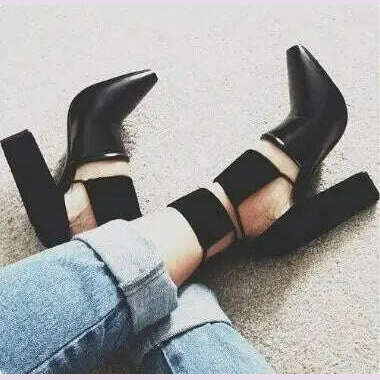 KIMLUD, 2017 Spring Fashion Black Smooth Leather Women Pointy Toe Pumps Thin Straps Cut Out Ladies Chunky Heel Shoes Rome Style Pumps, KIMLUD Womens Clothes