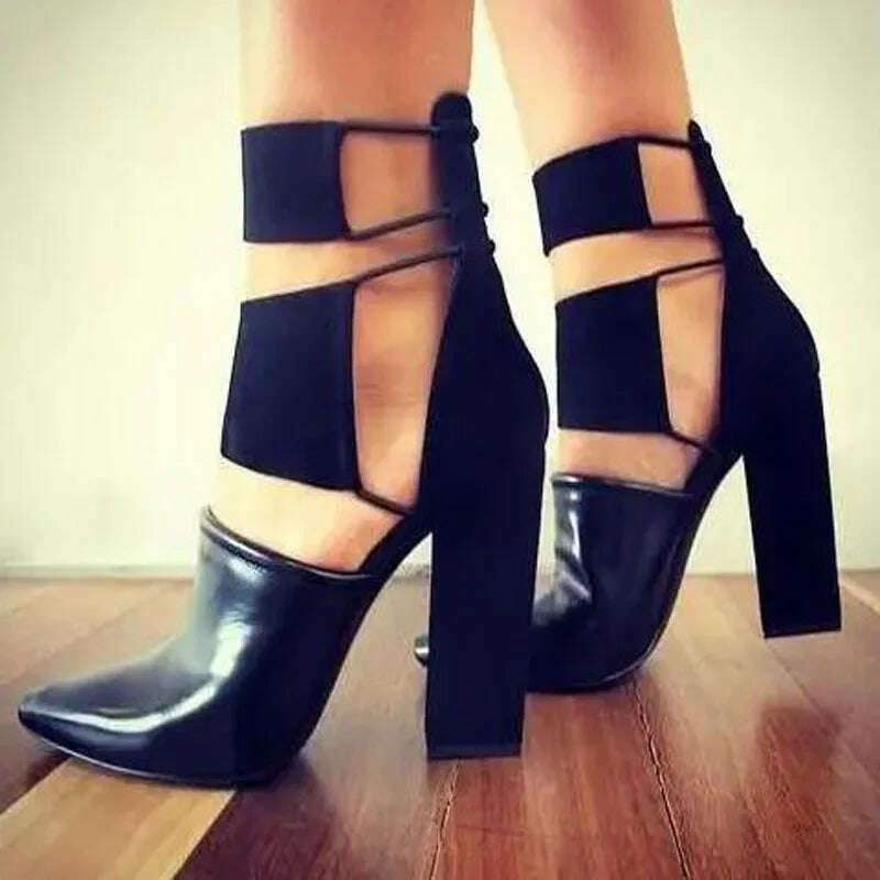 KIMLUD, 2017 Spring Fashion Black Smooth Leather Women Pointy Toe Pumps Thin Straps Cut Out Ladies Chunky Heel Shoes Rome Style Pumps, black / 40, KIMLUD APPAREL - Womens Clothes