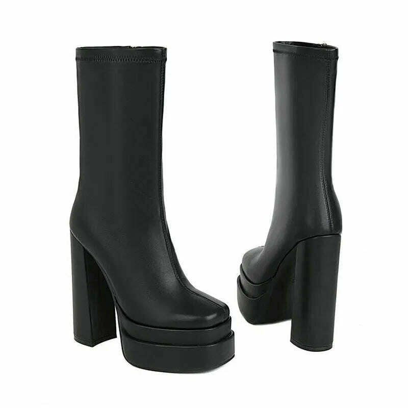 KIMLUD, 2021 Women Ankle Boots Platform Thick High Heel Ladies Motorcycle Boots Patent PU Leather Zipper Square Toe Women's Boots Black, KIMLUD Womens Clothes