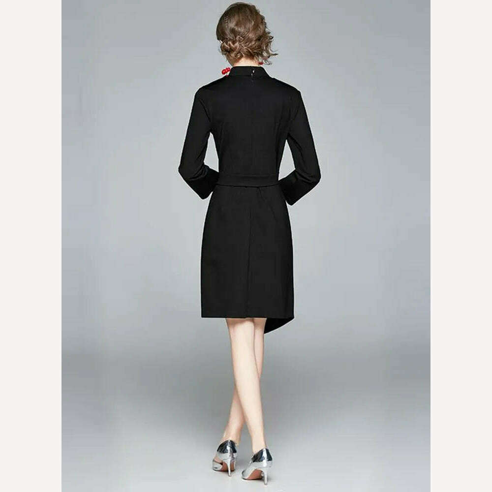 2022 Autumn Winter Women Long Sleeve Stand Collar Epaulettes Embroidered Phoenix Single-Breasted Lace Up Black Asymmetry Dress - KIMLUD