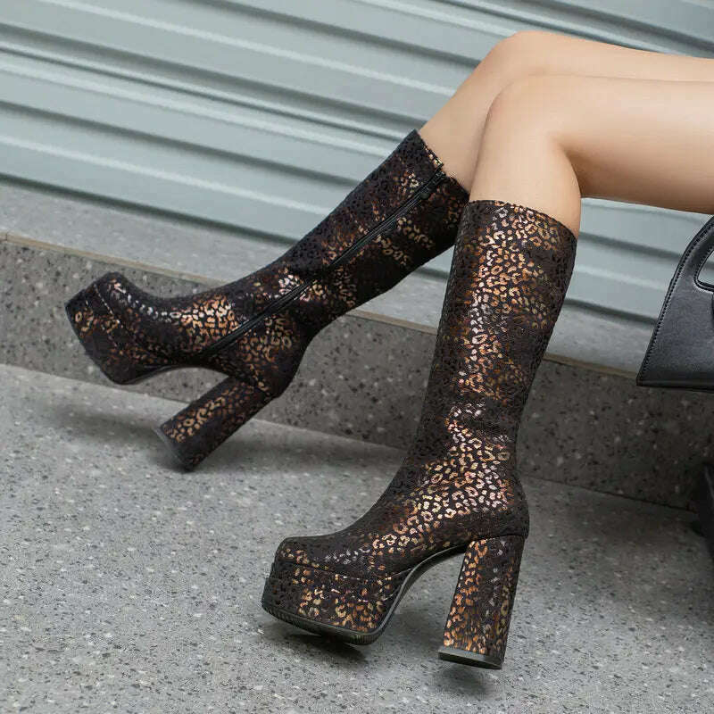 2022 Fashion Women Knee High Boots Flock Platform Chunky High Heel Punk Boots Square Toe Zipper Autumn Winter Ladies Shoes - KIMLUD