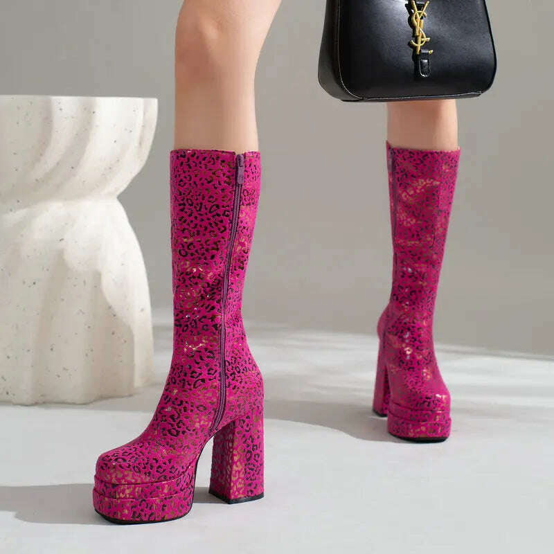 2022 Fashion Women Knee High Boots Flock Platform Chunky High Heel Punk Boots Square Toe Zipper Autumn Winter Ladies Shoes - KIMLUD
