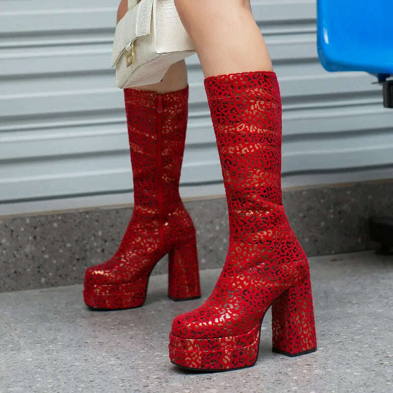 2022 Fashion Women Knee High Boots Flock Platform Chunky High Heel Punk Boots Square Toe Zipper Autumn Winter Ladies Shoes - KIMLUD