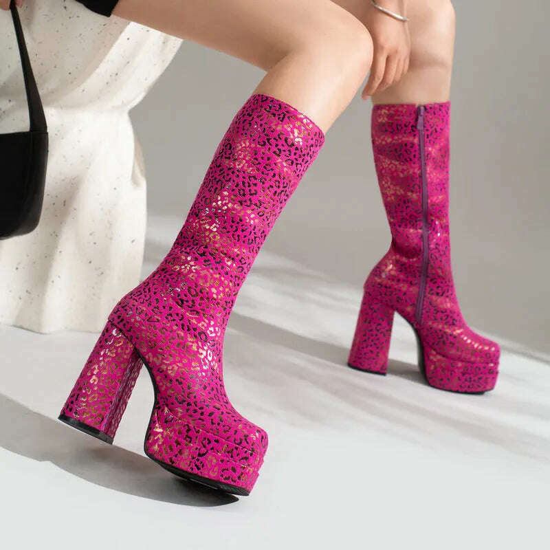 2022 Fashion Women Knee High Boots Flock Platform Chunky High Heel Punk Boots Square Toe Zipper Autumn Winter Ladies Shoes - KIMLUD