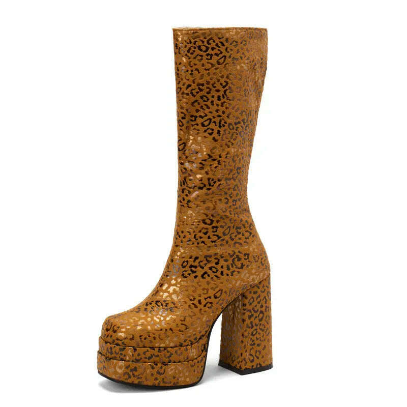 2022 Fashion Women Knee High Boots Flock Platform Chunky High Heel Punk Boots Square Toe Zipper Autumn Winter Ladies Shoes - KIMLUD
