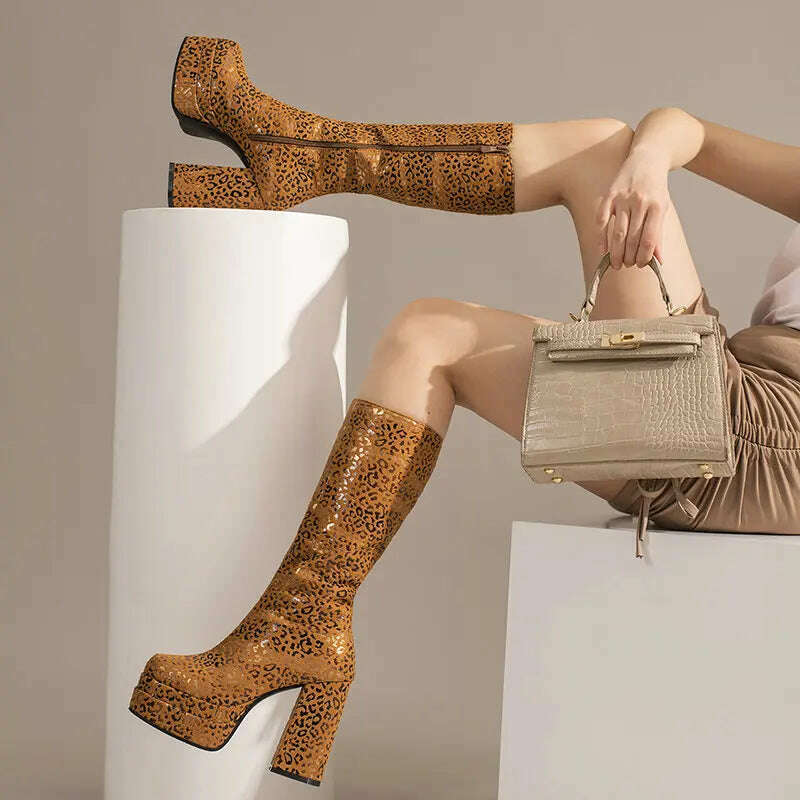2022 Fashion Women Knee High Boots Flock Platform Chunky High Heel Punk Boots Square Toe Zipper Autumn Winter Ladies Shoes - KIMLUD