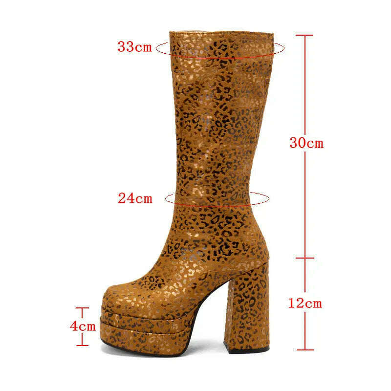 2022 Fashion Women Knee High Boots Flock Platform Chunky High Heel Punk Boots Square Toe Zipper Autumn Winter Ladies Shoes - KIMLUD