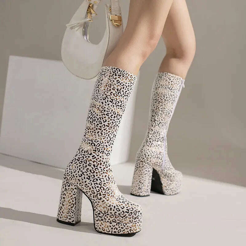 2022 Fashion Women Knee High Boots Flock Platform Chunky High Heel Punk Boots Square Toe Zipper Autumn Winter Ladies Shoes - KIMLUD