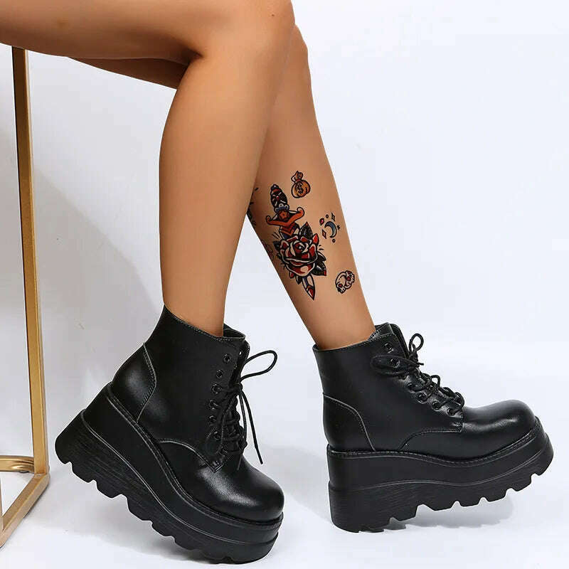 2022 New Gothic Punk Street Women Ankle Boots Platform Wedges High Heels Short Boots New Fashion Design Rivet Cosplay Shoes - KIMLUD