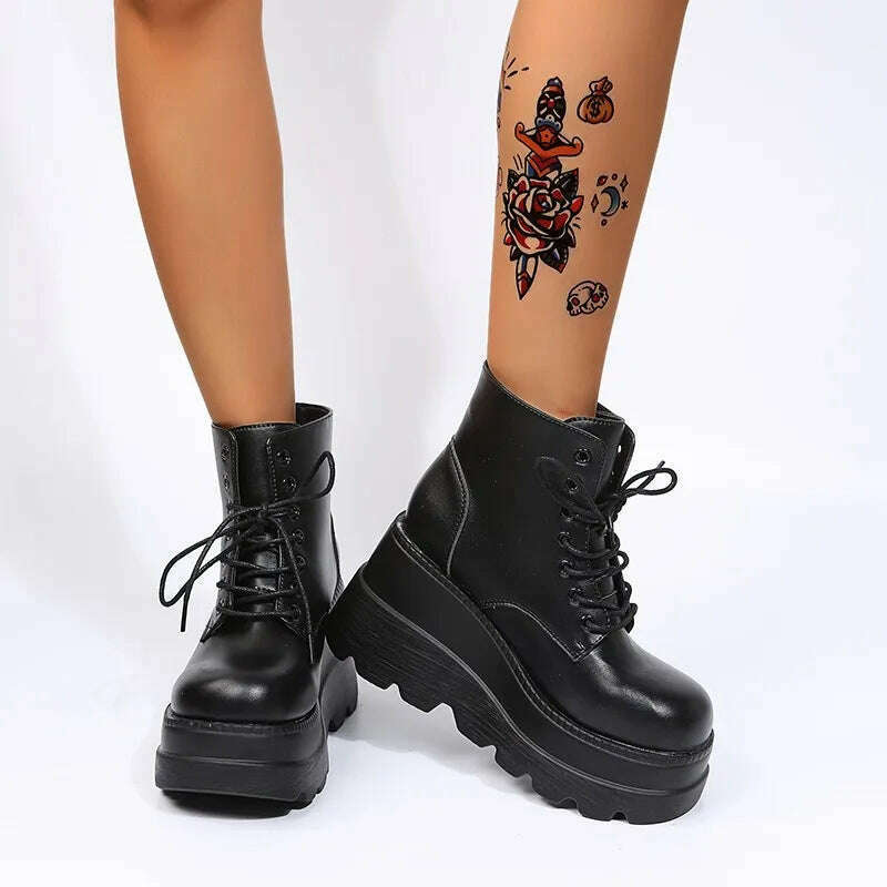 2022 New Gothic Punk Street Women Ankle Boots Platform Wedges High Heels Short Boots New Fashion Design Rivet Cosplay Shoes - KIMLUD