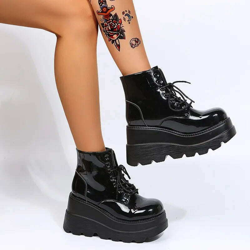 2022 New Gothic Punk Street Women Ankle Boots Platform Wedges High Heels Short Boots New Fashion Design Rivet Cosplay Shoes - KIMLUD