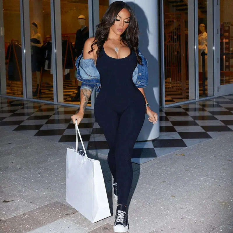 2022 Summer Sexy One Piece Jumpsuit Women Solid Slim Spring Bodycon Backless Sports Fitness Playsuit Sleeveless Romper Female - KIMLUD