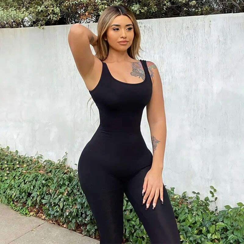 2022 Summer Sexy One Piece Jumpsuit Women Solid Slim Spring Bodycon Backless Sports Fitness Playsuit Sleeveless Romper Female - KIMLUD