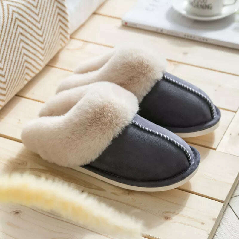 2022 Winter Warm Home Fur Slippers Women Luxury Faux Suede Plush Couple Cotton Shoes Indoor Bedroom Flat Heels Fluffy Slippers - KIMLUD