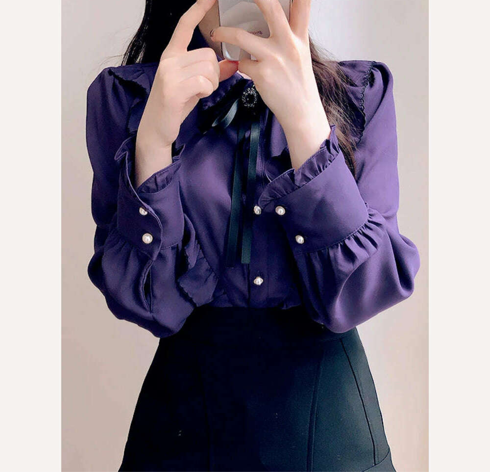 2022 Woman Cute Sweet Girls Thin Semi Transparent Ribbon Bow Tie Retro Vintalge Top Blusas Purple Green White Button Shirts - KIMLUD