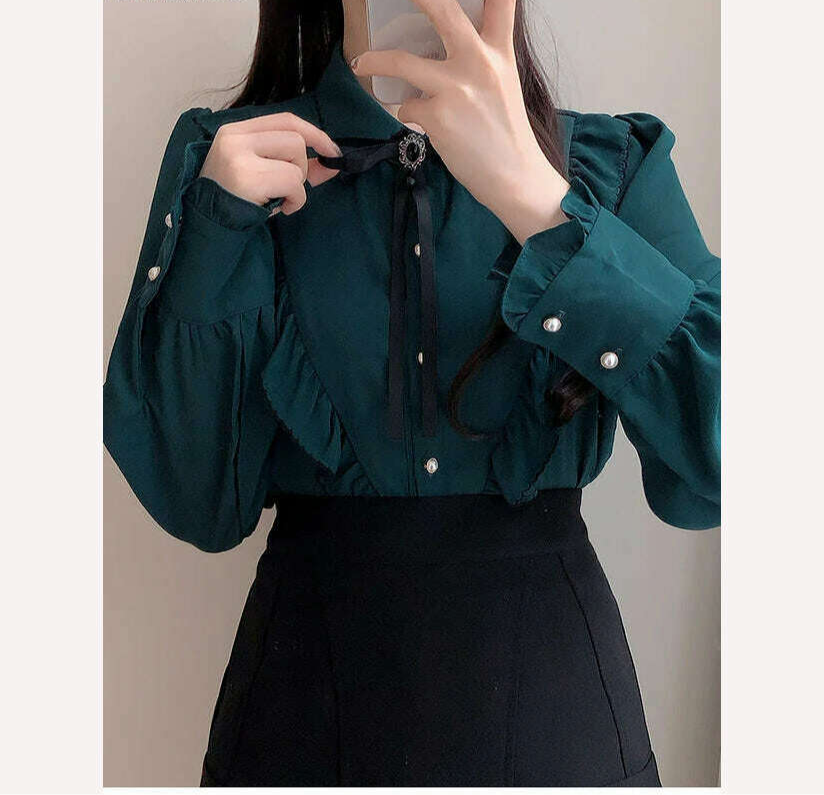 2022 Woman Cute Sweet Girls Thin Semi Transparent Ribbon Bow Tie Retro Vintalge Top Blusas Purple Green White Button Shirts - KIMLUD