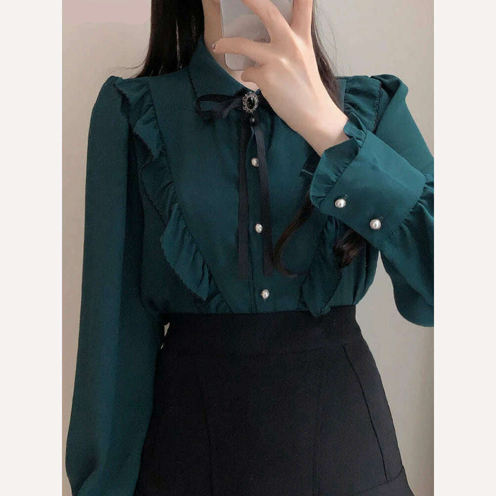 2022 Woman Cute Sweet Girls Thin Semi Transparent Ribbon Bow Tie Retro Vintalge Top Blusas Purple Green White Button Shirts - KIMLUD
