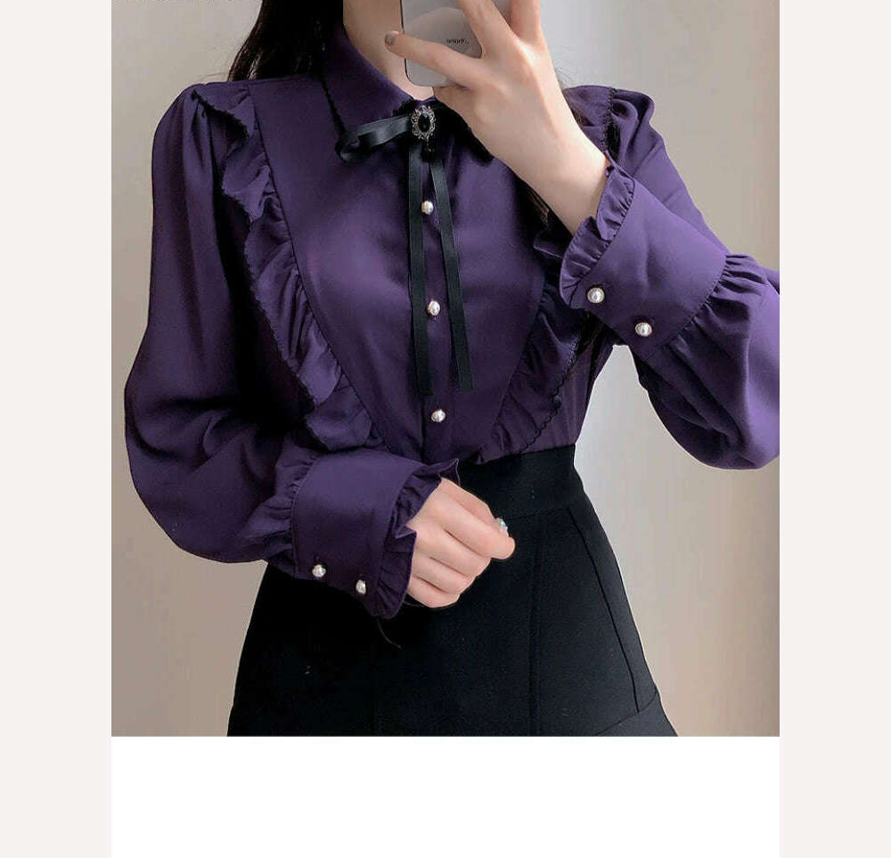 2022 Woman Cute Sweet Girls Thin Semi Transparent Ribbon Bow Tie Retro Vintalge Top Blusas Purple Green White Button Shirts - KIMLUD