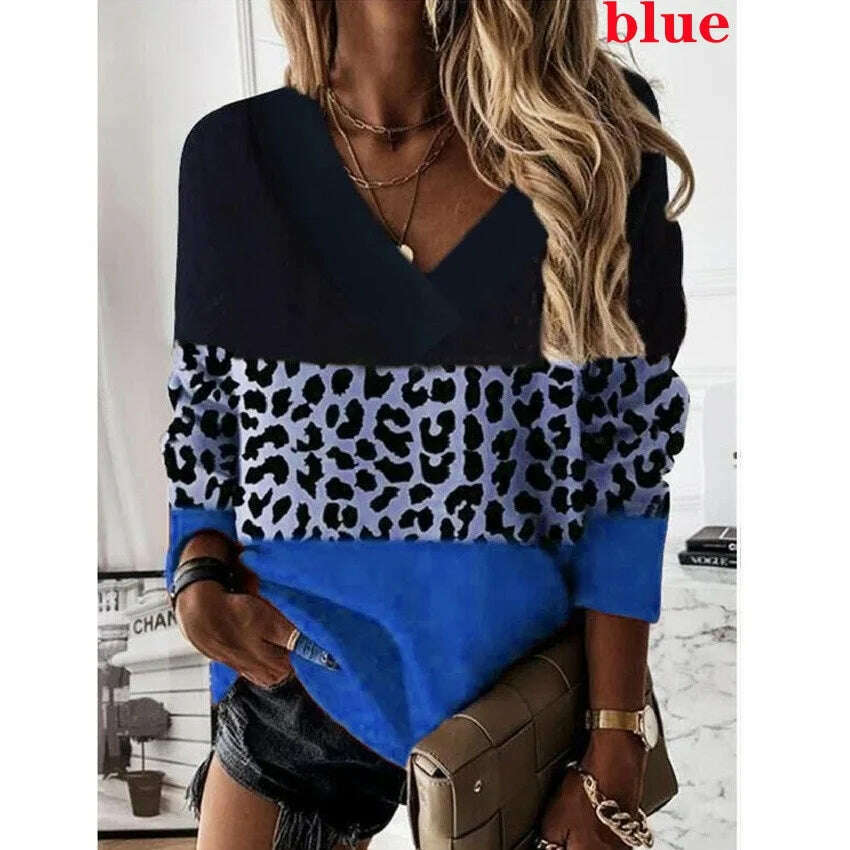 2022 Women Fashion Plus Size Loose Casual Blouses Long Sleeve Leopard Print Floral Print V Neck Spring And Autumn Tops - KIMLUD