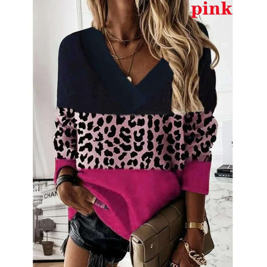 2022 Women Fashion Plus Size Loose Casual Blouses Long Sleeve Leopard Print Floral Print V Neck Spring And Autumn Tops - KIMLUD